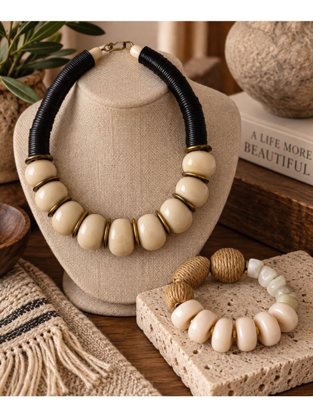 2 Pc Neutral Boho Jewelry Lot Serafina Bracelet Chunky Statement Necklace